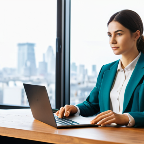 A professional female content creator, dressed in a modest yet stylish blazer and slacks. She is seated at a minimalist wooden desk, a laptop open before her displaying a vibrant user interface for content creation. She looks thoughtfully at the screen, one hand lightly resting on the keyboard, embodying focus and creative energy. The background is a bright, airy home office with large windows allowing natural light to flood in, revealing a blurred cityscape outside. Subtle, artistic decorative elements add a personal touch. Professional photography, high resolution, soft diffused lighting, sharp focus, vibrant colors, clean aesthetic, cinematic quality. safe for work, appropriate content, fully clothed, professional dress, perfect anatomy, correct proportions, natural pose, well-formed hands, proper finger count, natural body proportions, modest clothing, family-friendly.